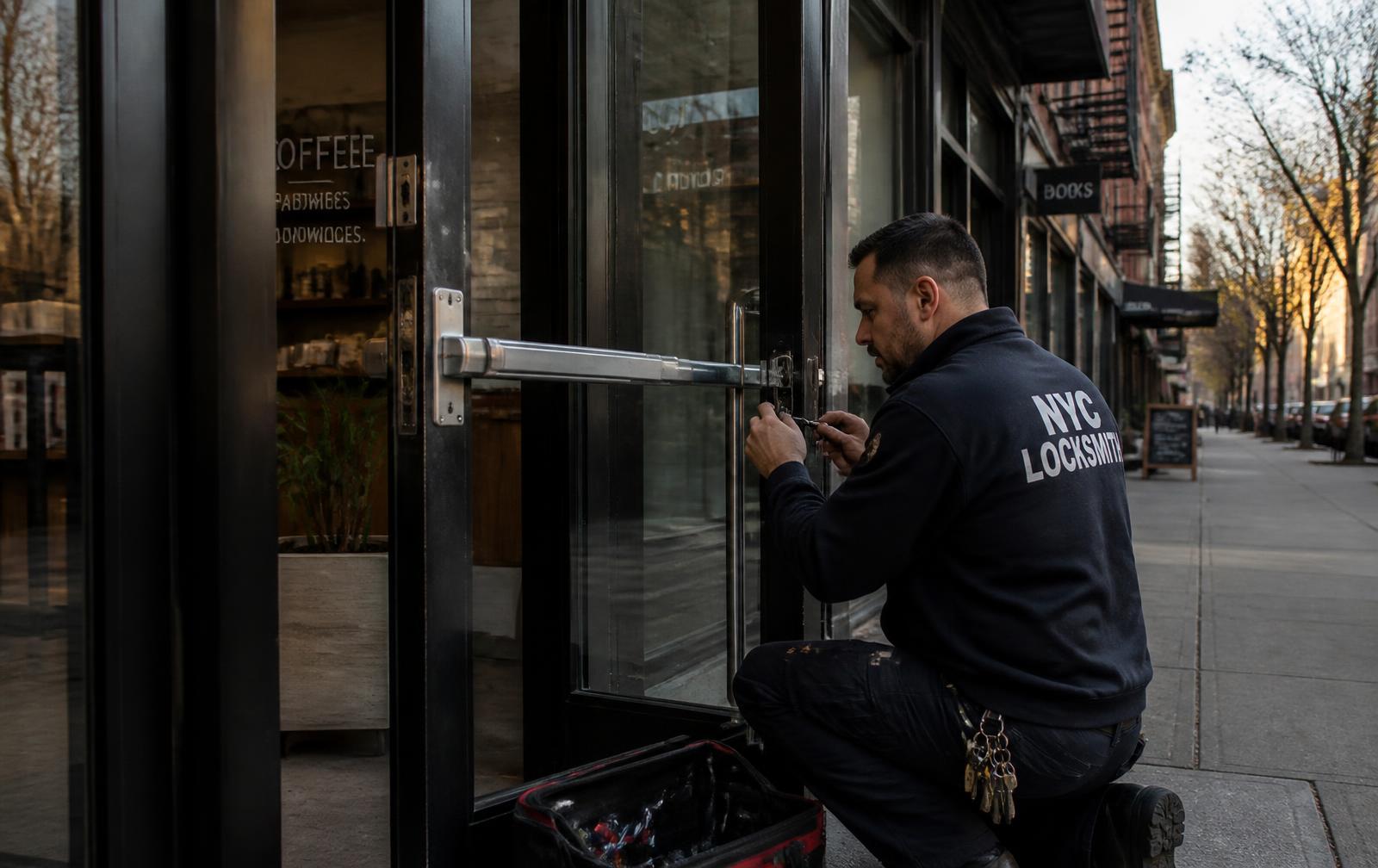 Locksmith servicing a commercial storefront door with panic hardware