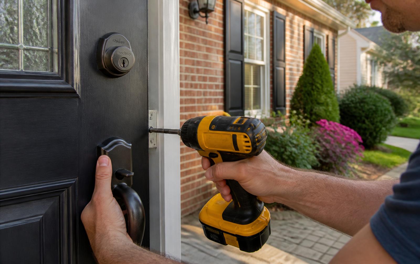 Locksmith installing a high security deadbolt on a home front door